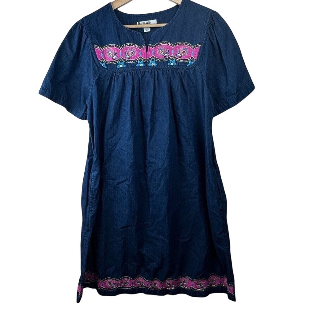 Go Softly Patio Embroidered Peacock Floral Denim Dress Size S Cotton Grandmacore